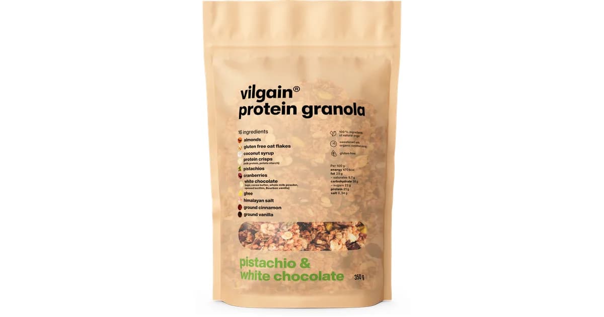Protein Granola Pistazie, weiße Schokolade und Preiselbeeren